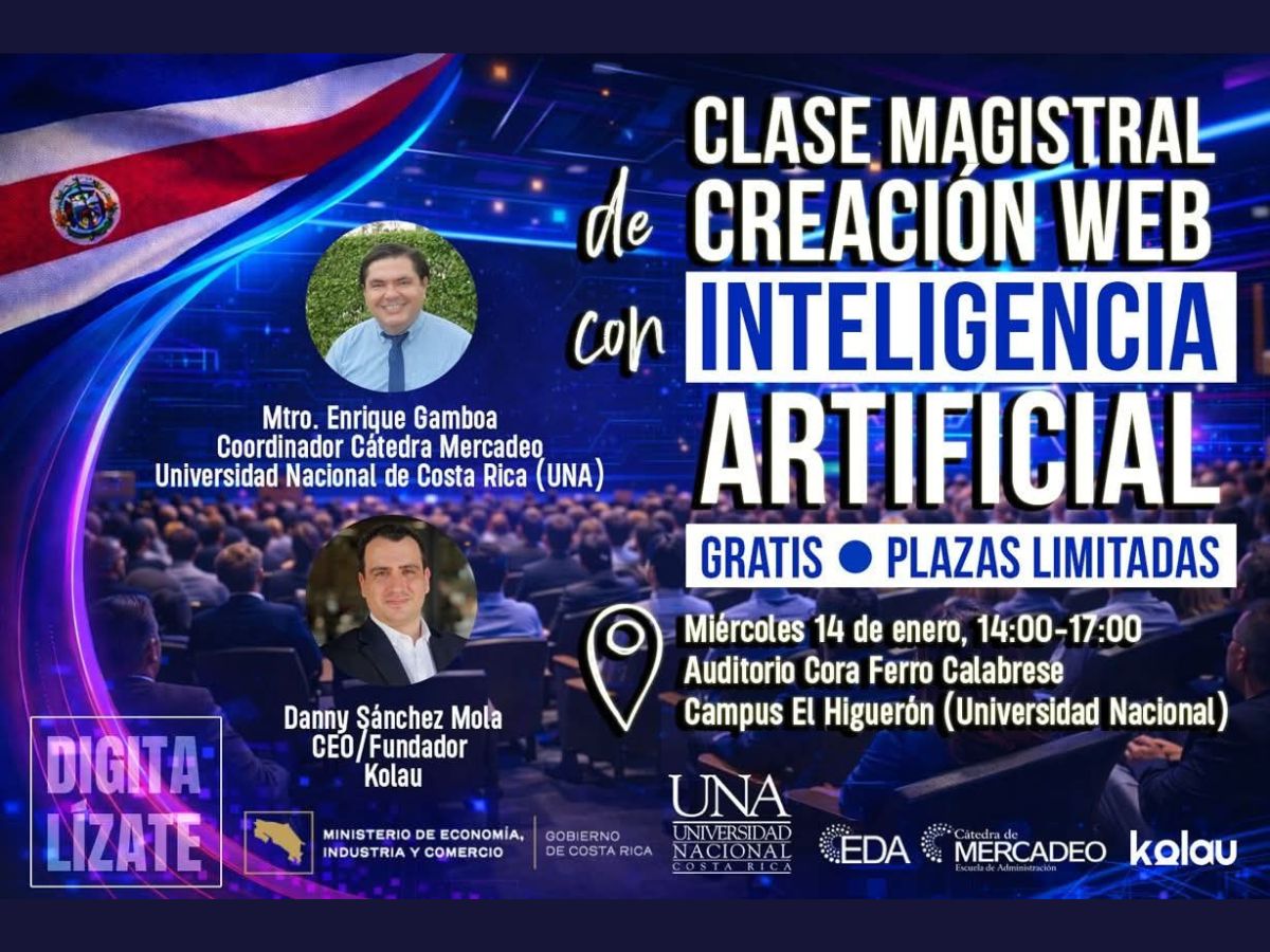 De manera gratuita, la Universidad Nacional (UNA) y la plataforma tecnológica Kolau impartirán este miércoles 14 de enero, de 2 p.m. a 5 p.m. un curso para que las personas interesadas puedan aprender a crear su propia tienda en línea y conocer acerca de comercio electrónico aprovechando las herramientas de inteligencia artificial (IA).