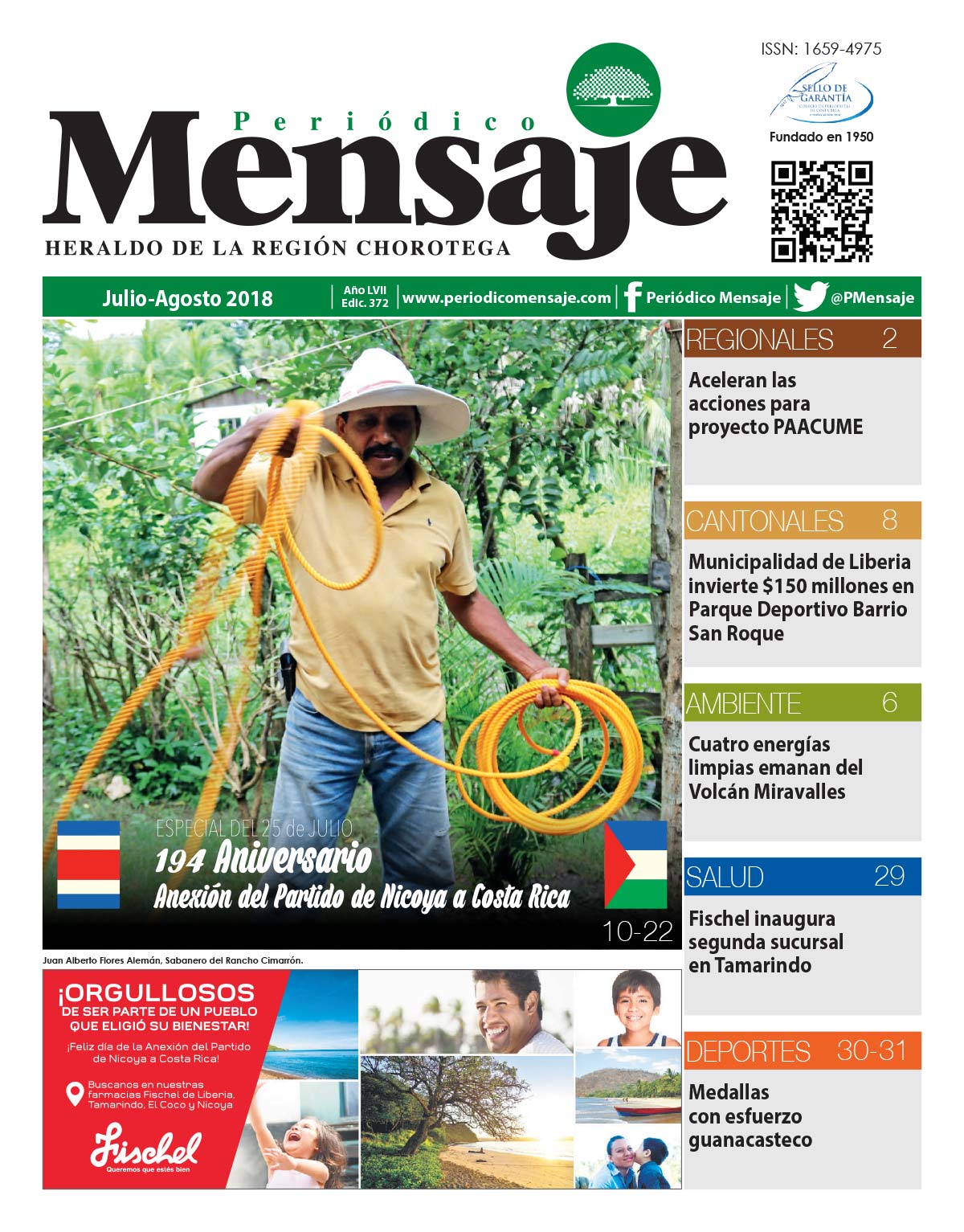 Portada Edicion julio-agosto 2018, Periodico Mensaje, Guanacaste