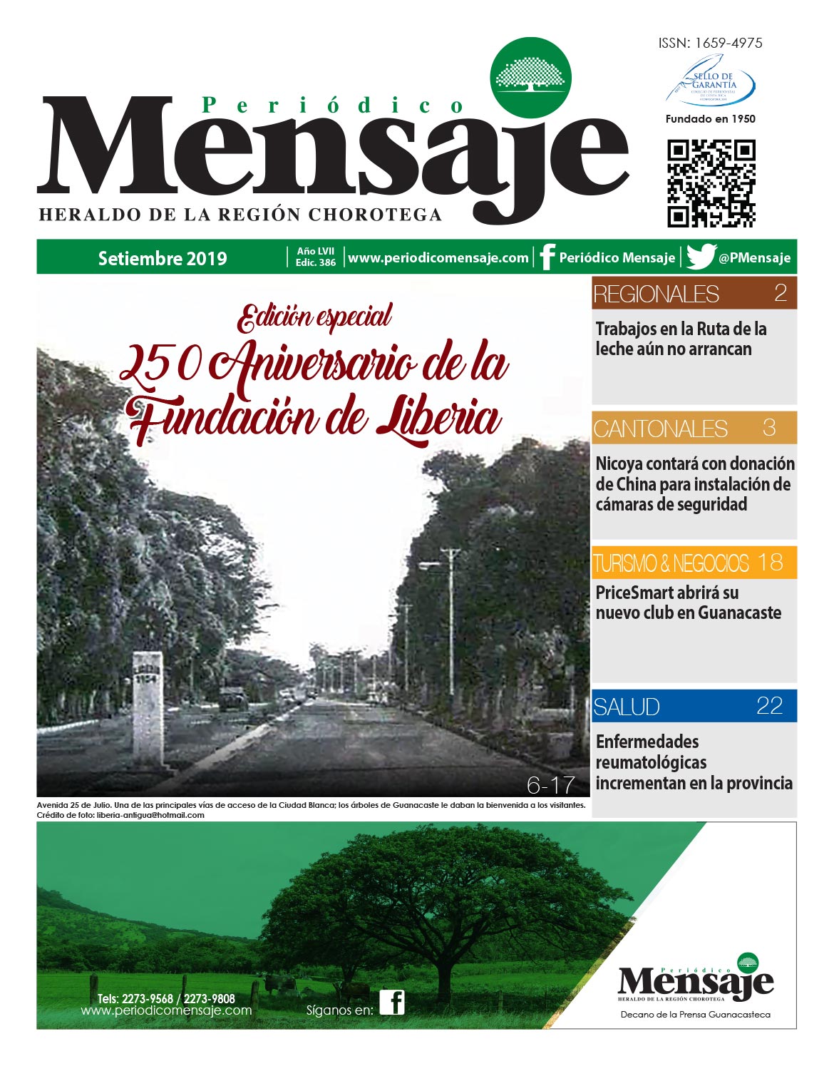 Portada Edicion Setiembre 2019, Periodico Mensaje, Guanacaste