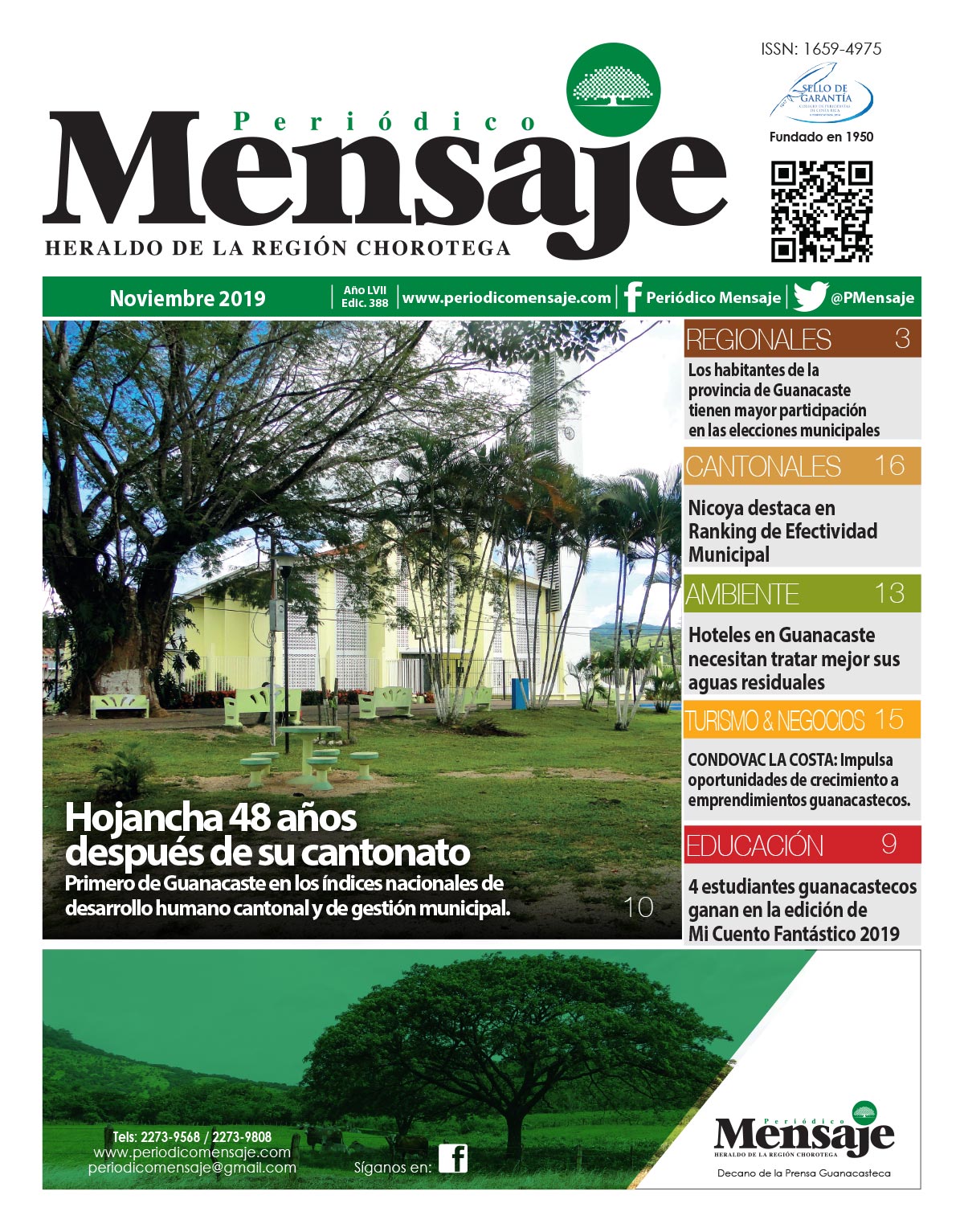 Portada Edicion Noviembre 2019, Periodico Mensaje, Guanacaste