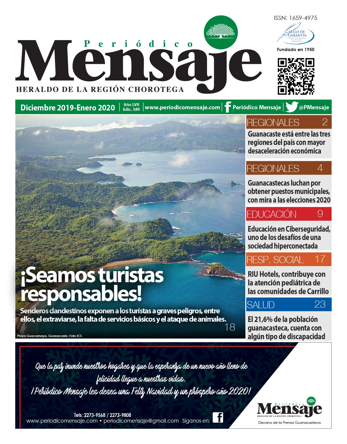 Portada Edicion Diciembre 2019, Periodico Mensaje, Guanacaste