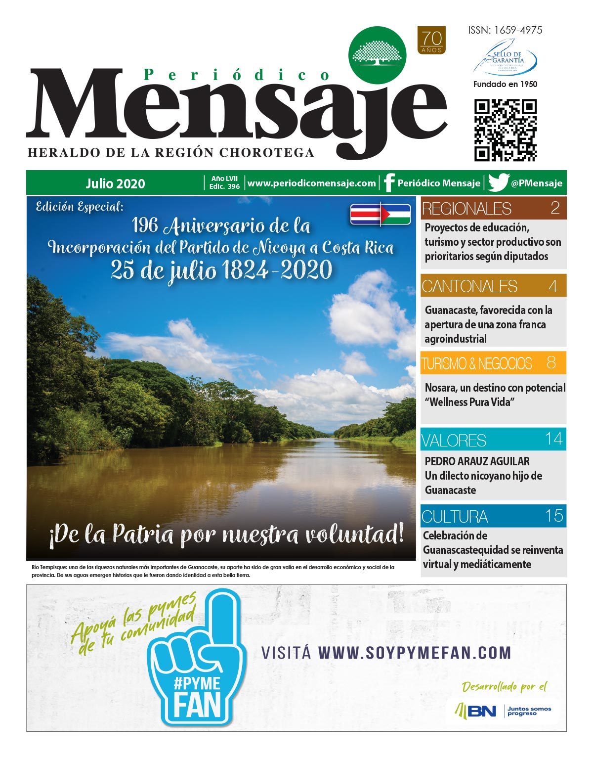 Portada Edicion Julio 2020, Periodico Mensaje, Guanacaste