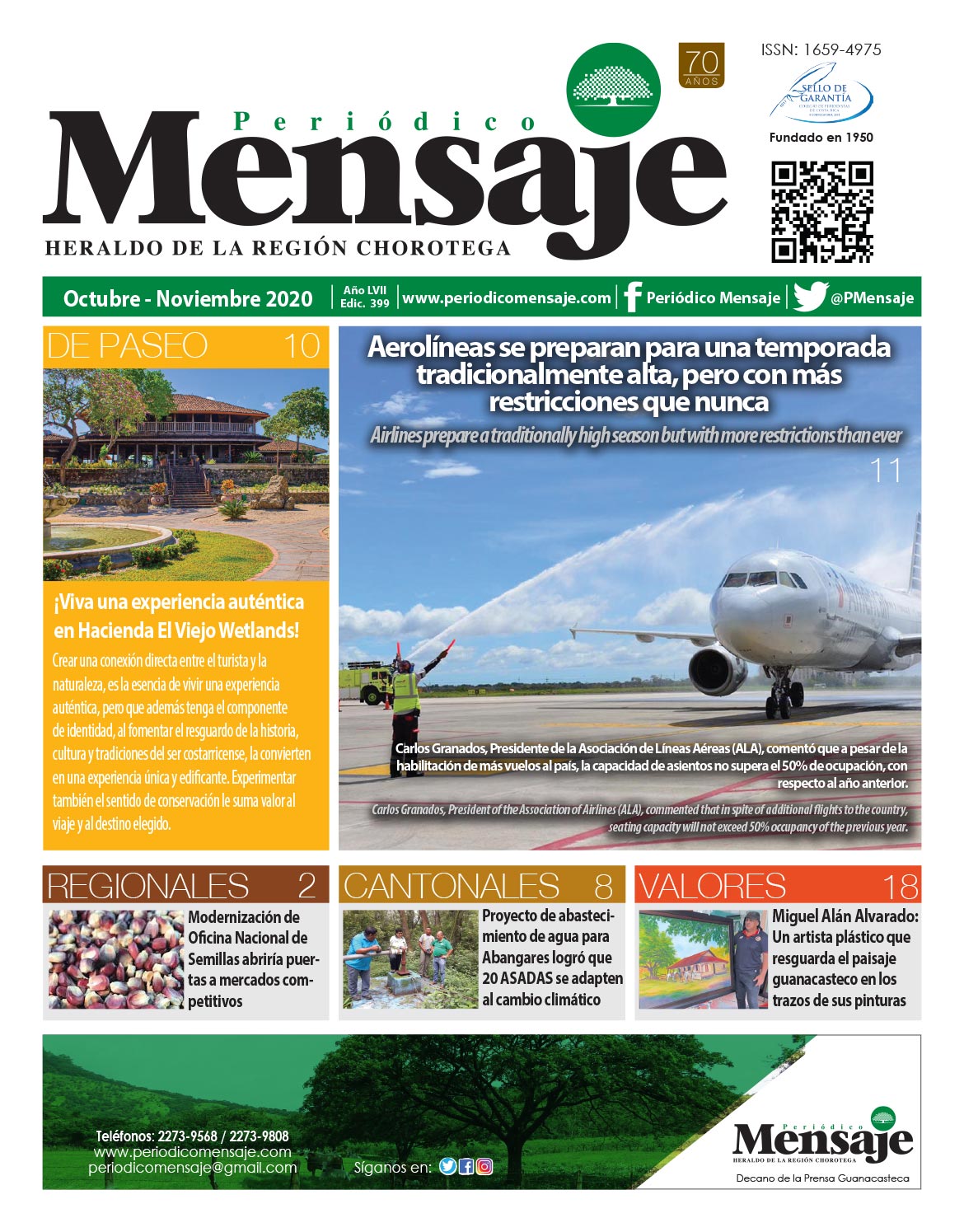 Portada Edicion Octubre 2020, Periodico Mensaje, Guanacaste