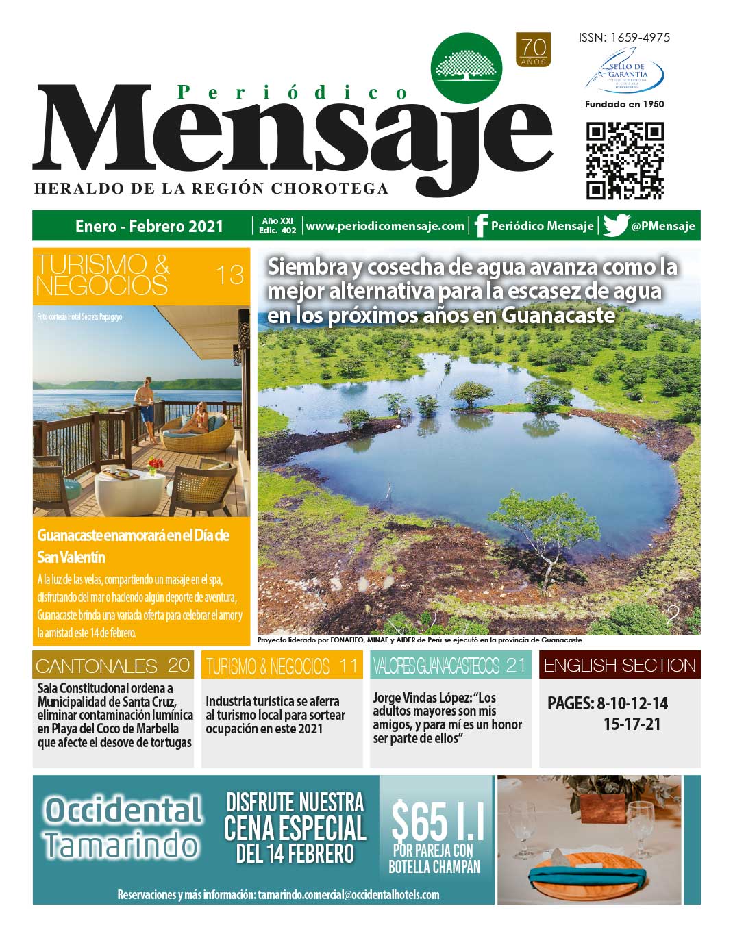 Portada Edicion Enero 2021, Periodico Mensaje, Guanacaste