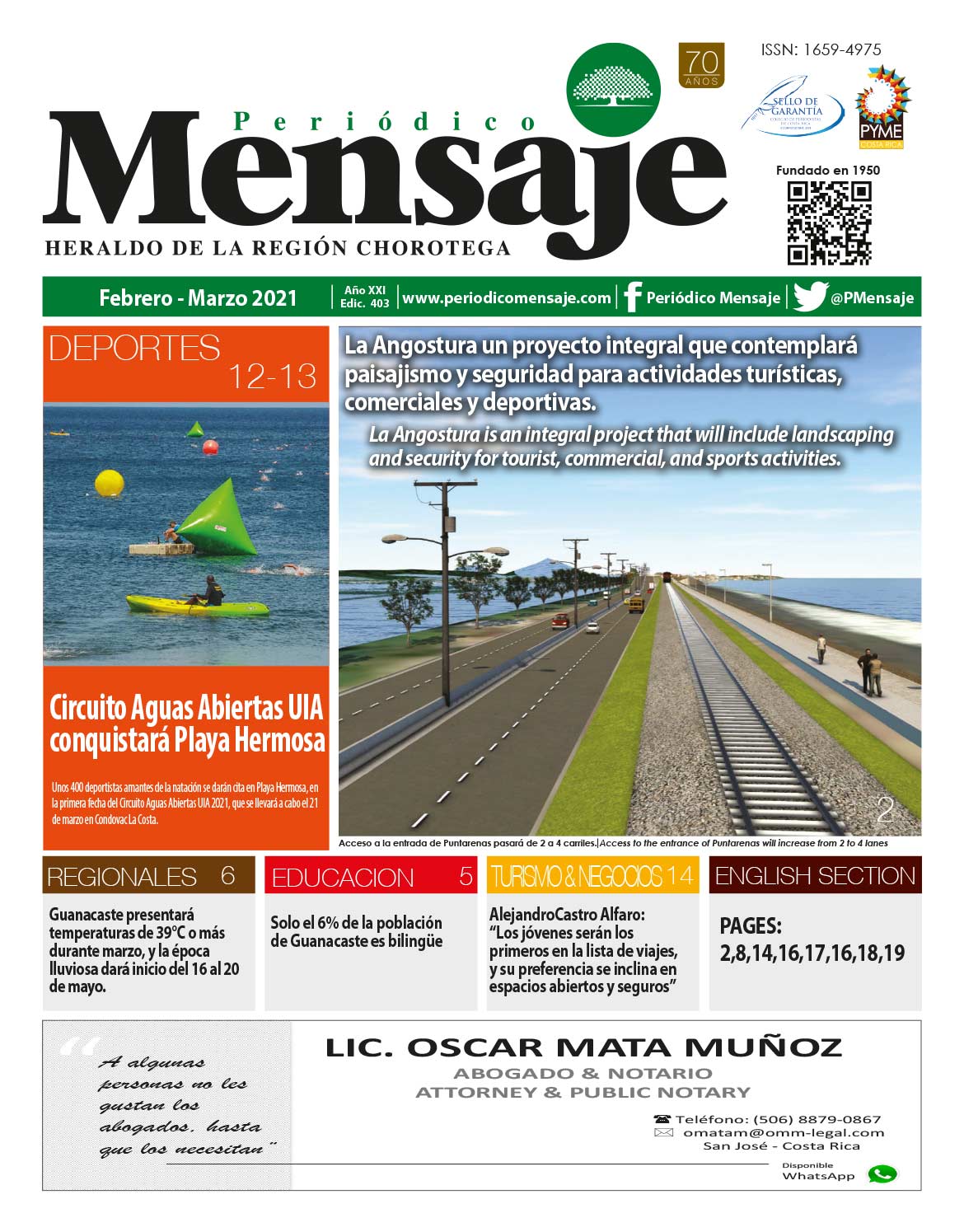 Portada Edicion Febrero 2021, Periodico Mensaje, Guanacaste