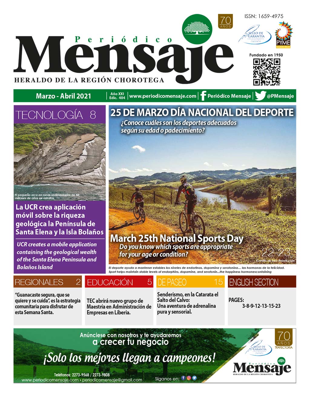 Portada Edicion Marzo 2021, Periodico Mensaje, Guanacaste