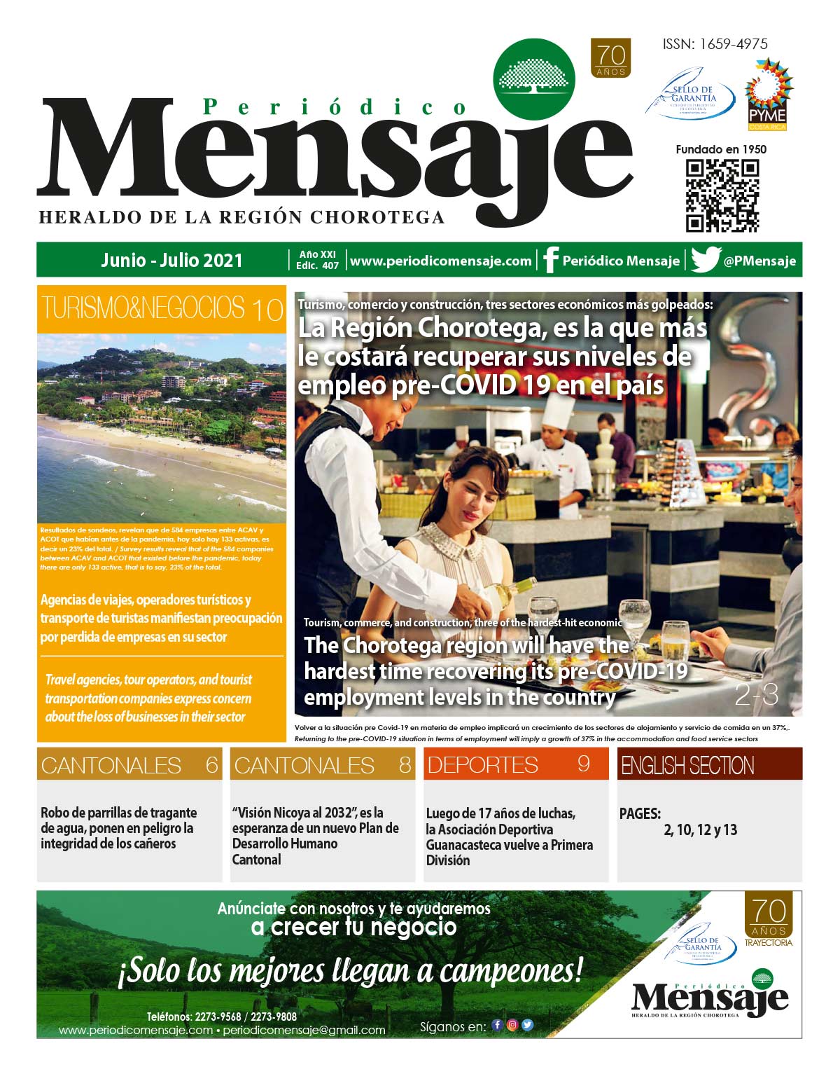 Portada Edicion Junio 2021, Periodico Mensaje, Guanacaste