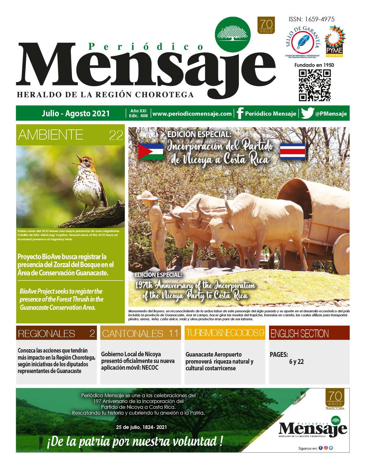 Portada Edicion Julio 2021, Periodico Mensaje, Guanacaste