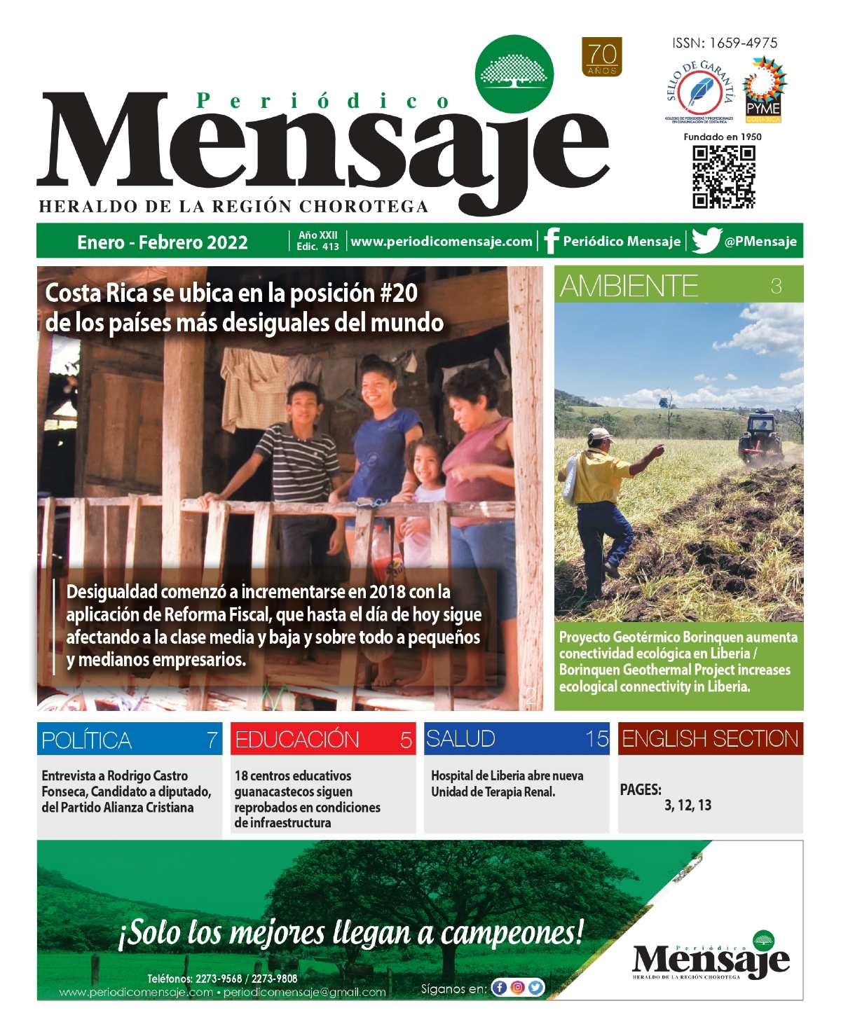 Portada Edicion Enero 2022, Periodico Mensaje, Guanacaste