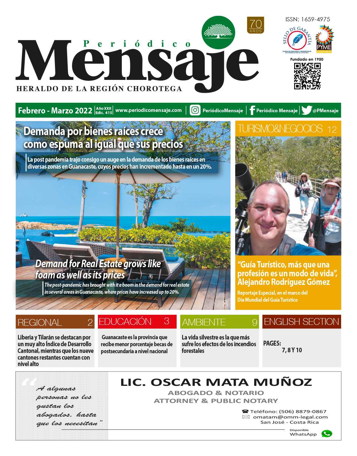 Portada Edicion Febrero 2022, Periodico Mensaje, Guanacaste