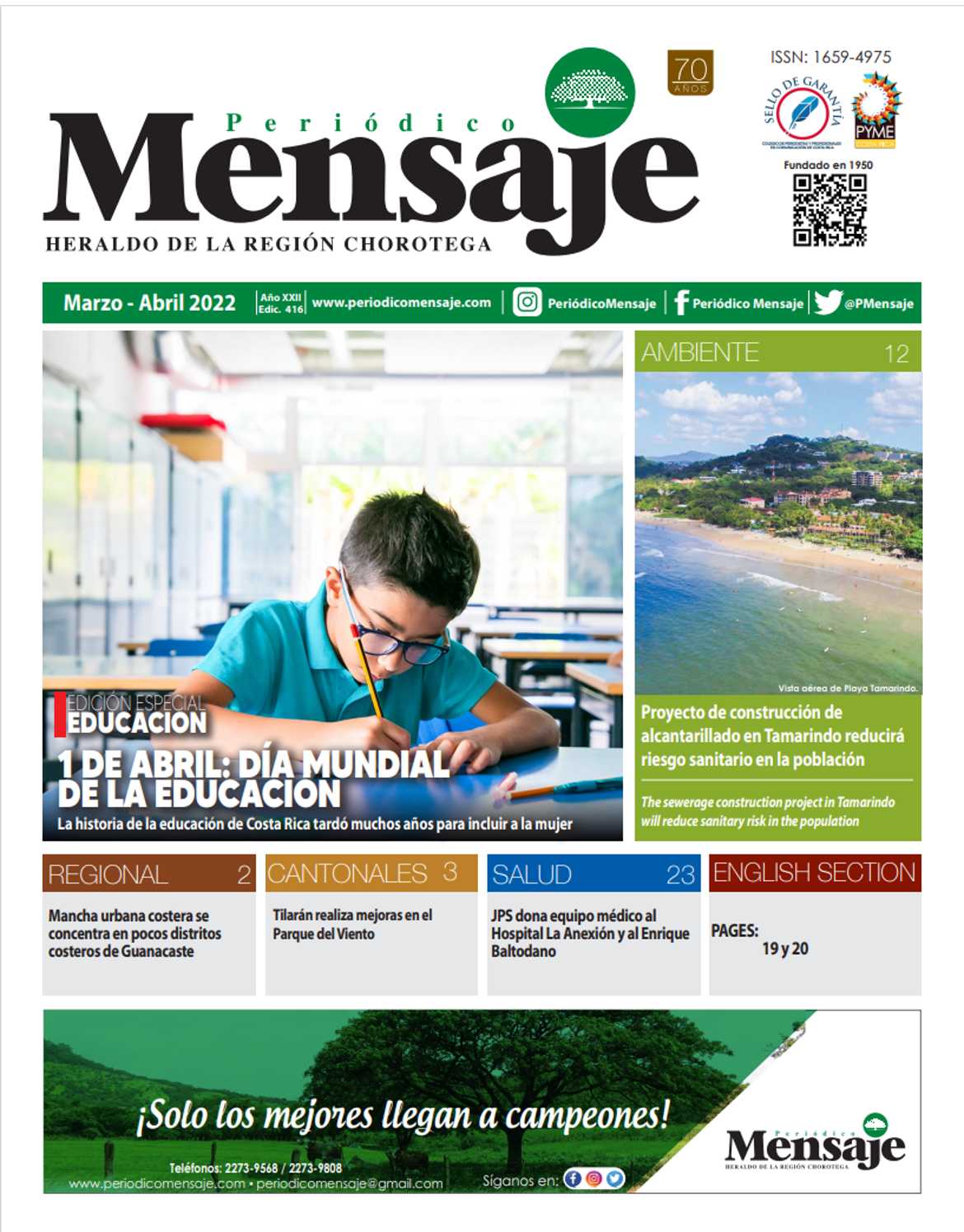 Portada Edicion Marzo 2022, Periodico Mensaje, Guanacaste