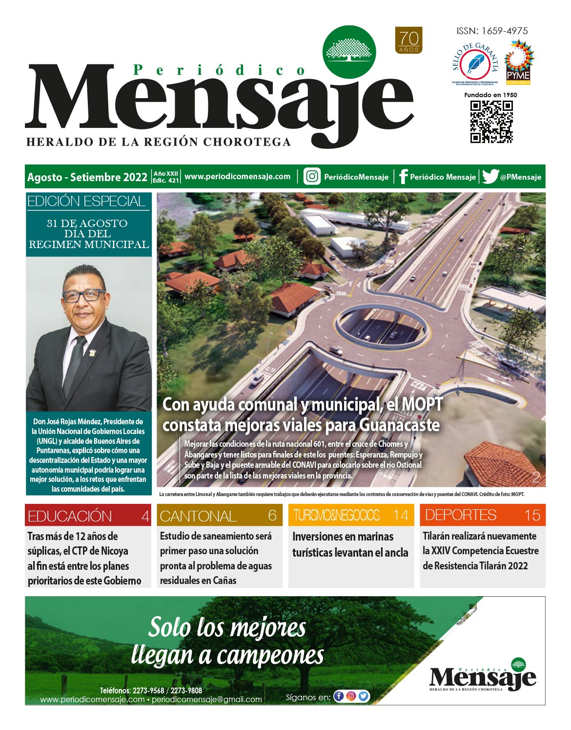 Portada Edicion Agosto 2022, Periodico Mensaje, Guanacaste