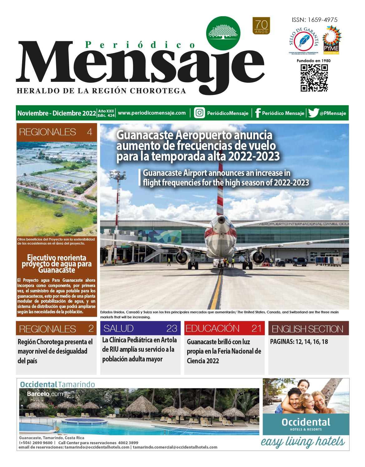 Portada Edicion Noviembre 2022, Periodico Mensaje, Guanacaste