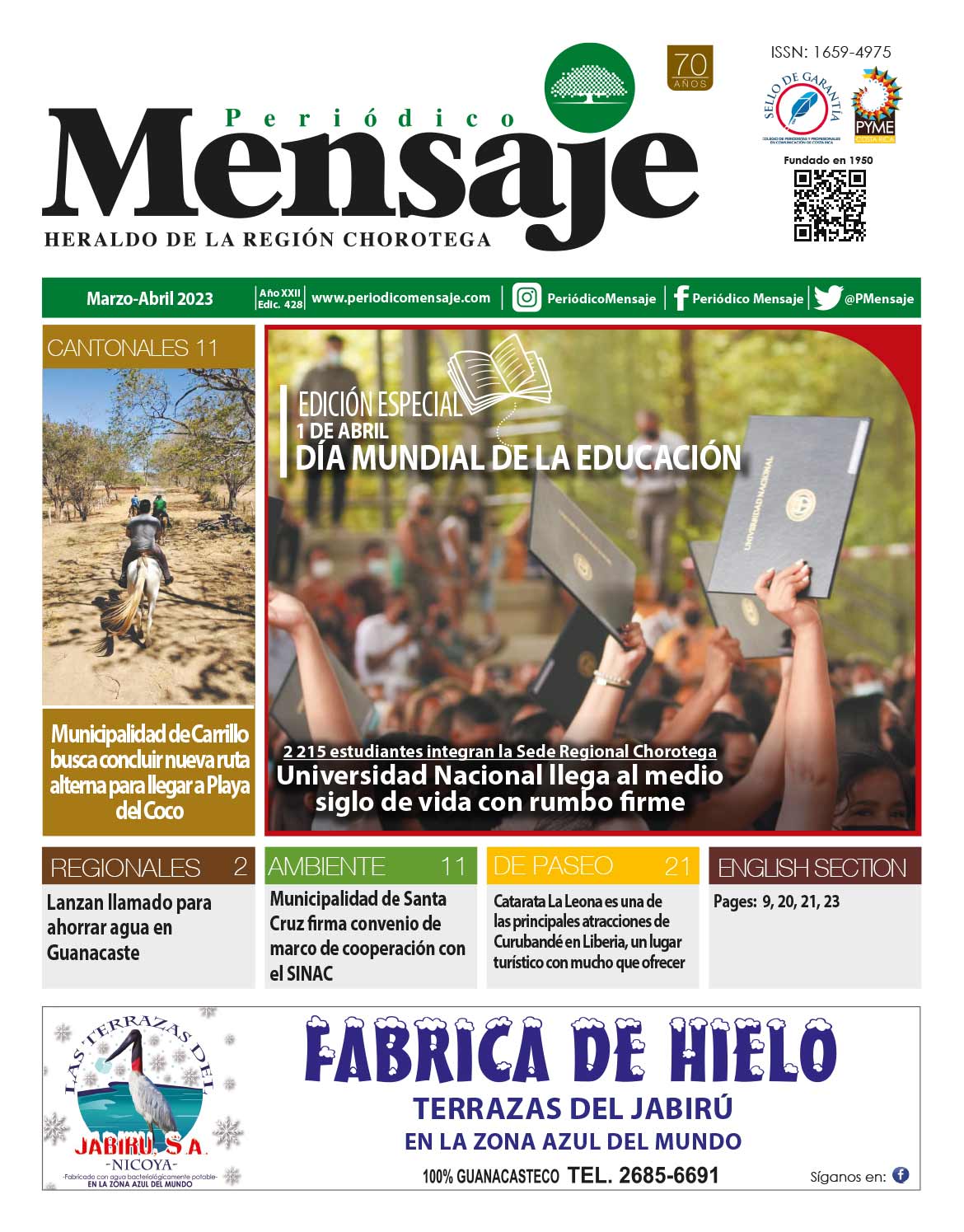 Portada Edicion Marzo 2023, Periodico Mensaje, Guanacaste