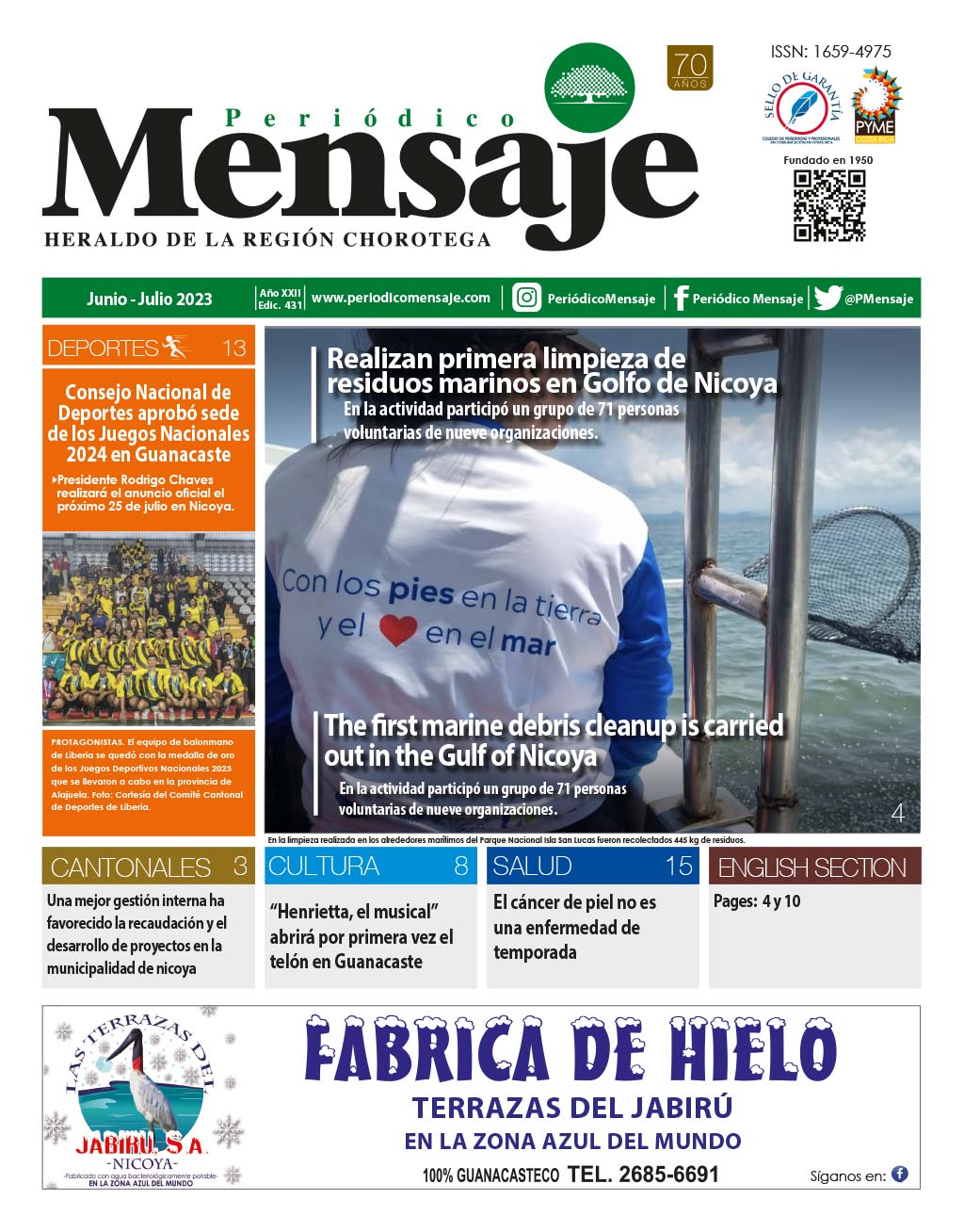 Portada Edicion Junio 2023, Periodico Mensaje, Guanacaste