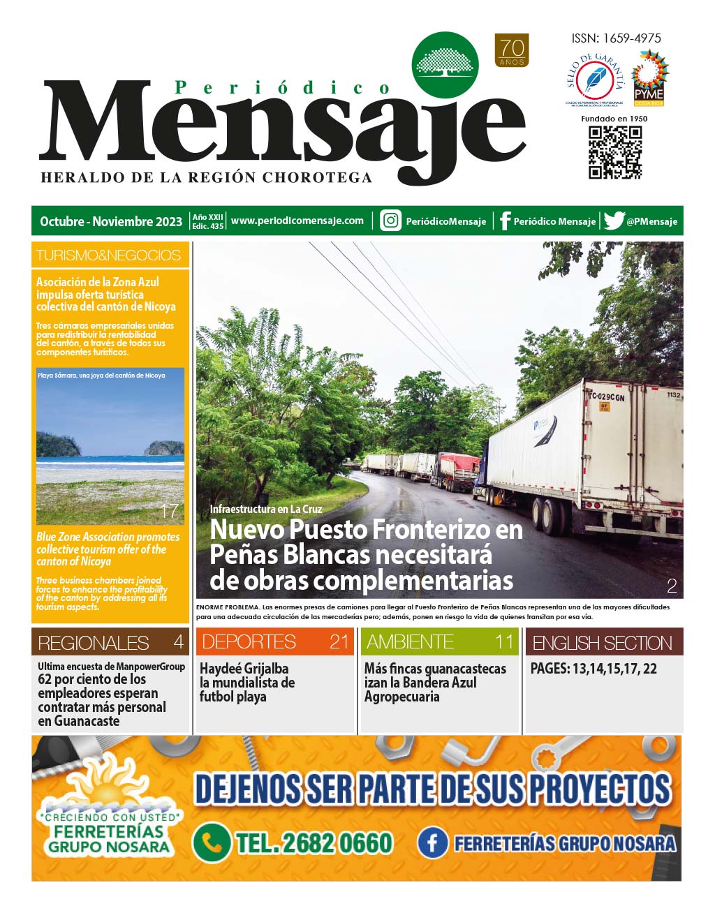 Portada Edicion Octubre 2023, Periodico Mensaje, Guanacaste