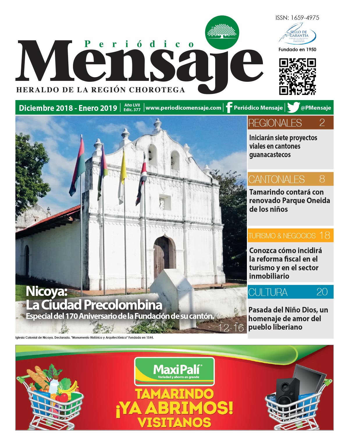 Portada Edicion Diciembre 2018 -  Enero 2019, Periodico Mensaje, Guanacaste