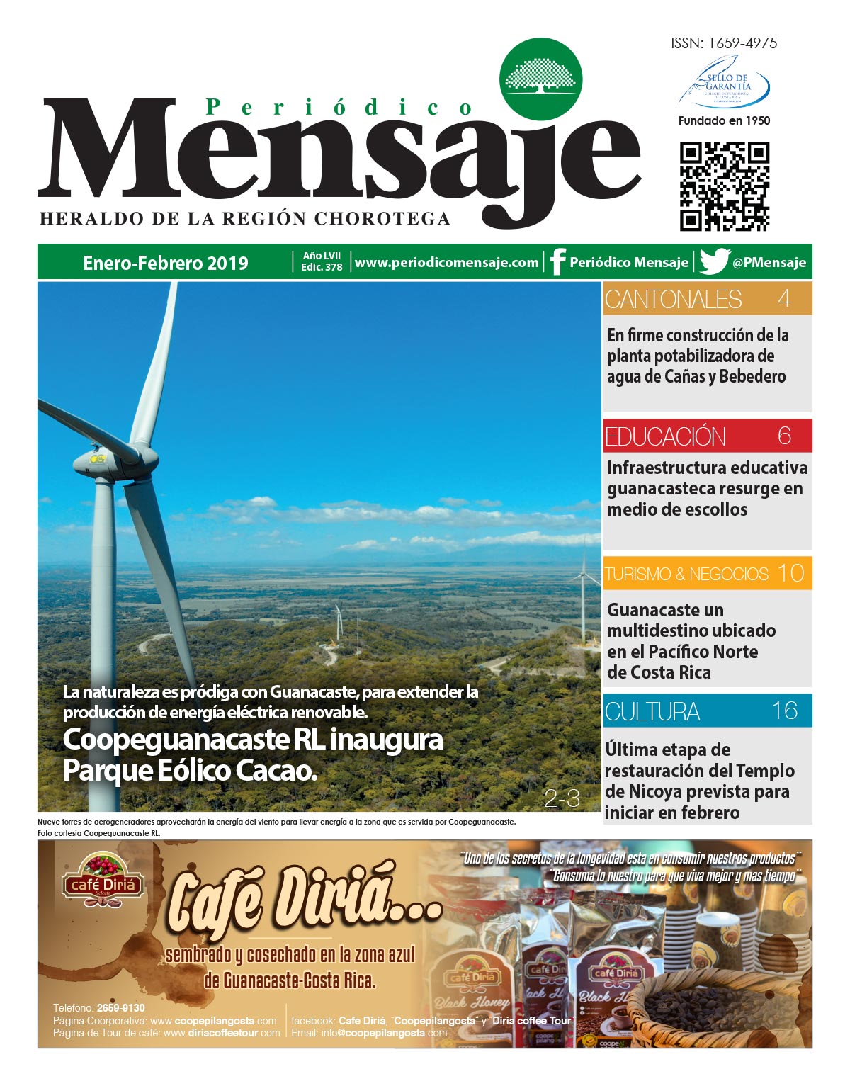 Portada Edicion Enero 2019, Periodico Mensaje, Guanacaste