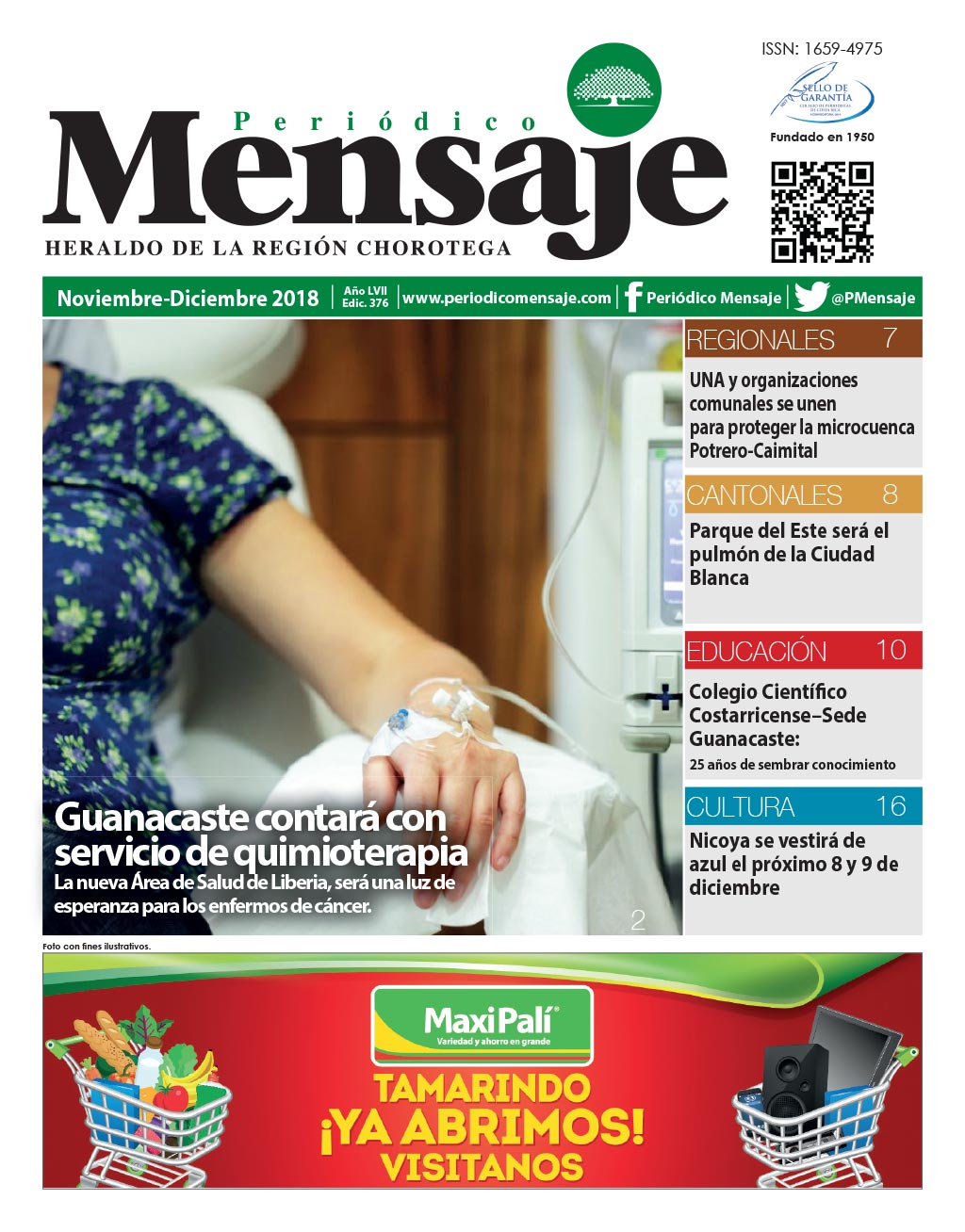 Portada Edicion Octubre-Noviembre 2018, Periodico Mensaje, Guanacaste